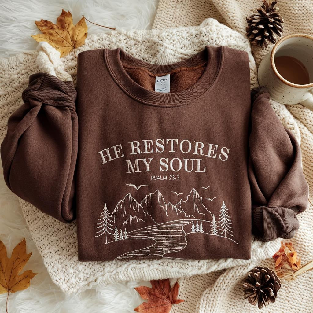 He Restores My Soul Embroidered Sweatshirt, Christian Embroidery Crewneck, Psalm 23:3 Shirt, Faith Gift for Women, Cozy Religious Fall Outfit